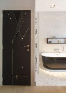 Fabric-covered bathroom doors