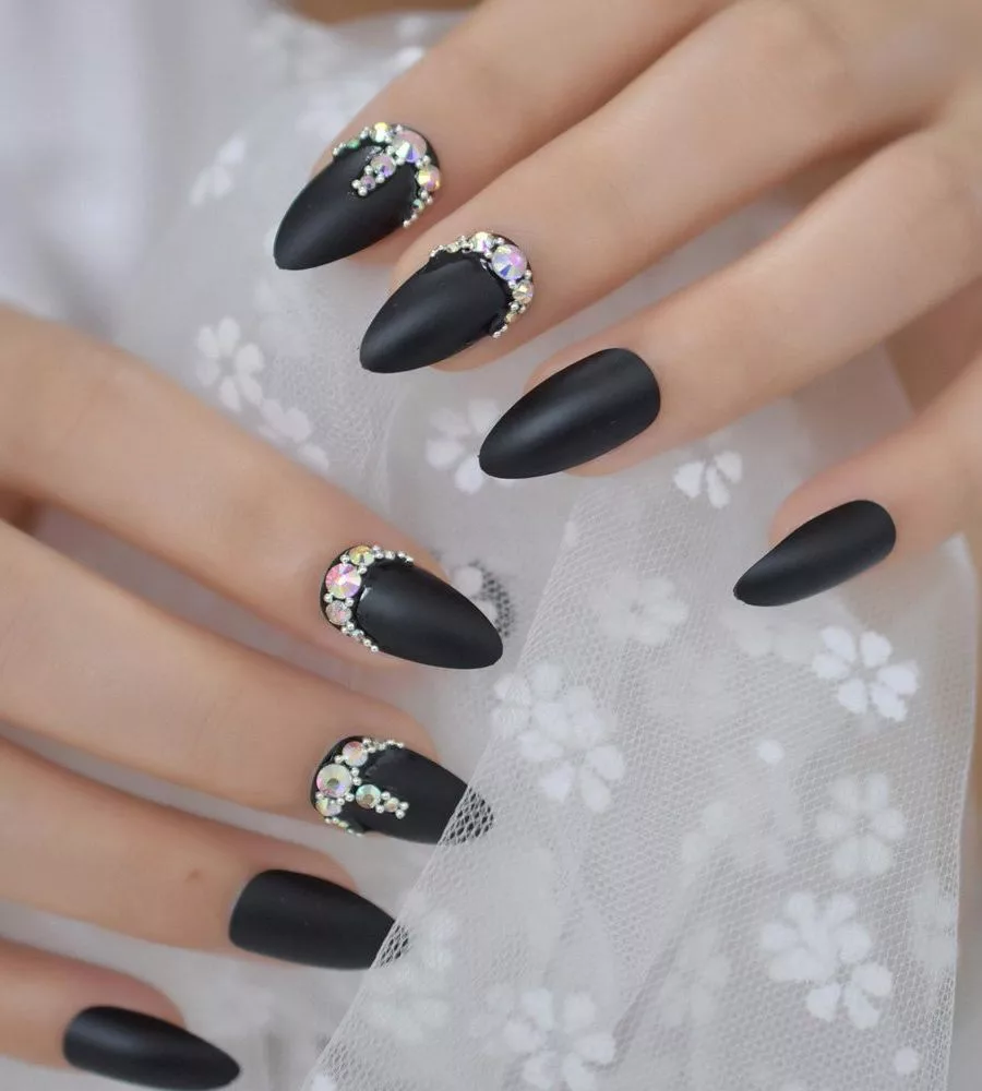 black french tip nails with diamonds