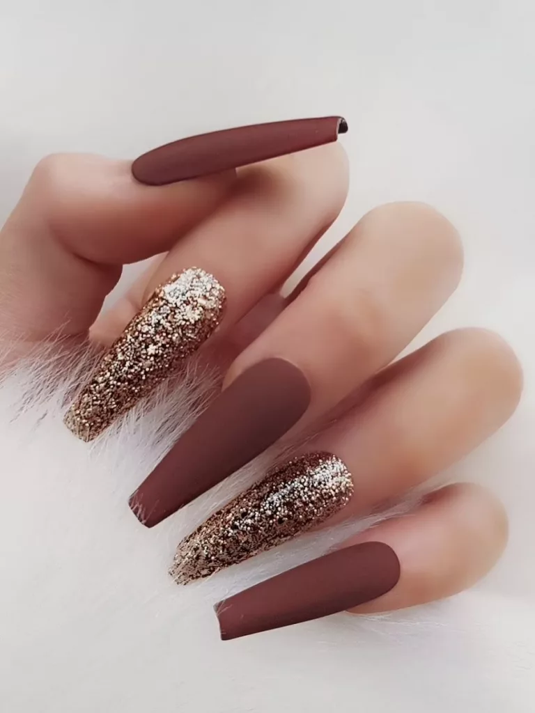Brown Matte and Glitter Gold Nails