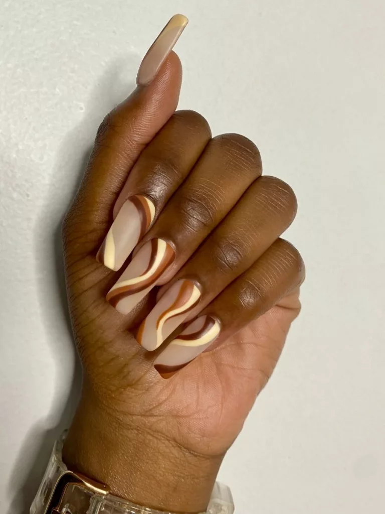 Dark Mocha Swirls on Almond Nails