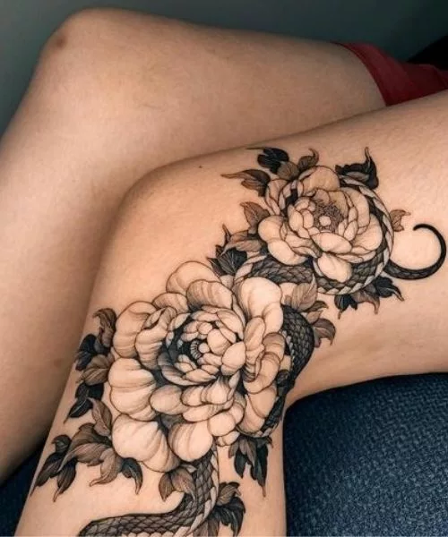 Floral-Design-Knee-Tattoo-For-Female