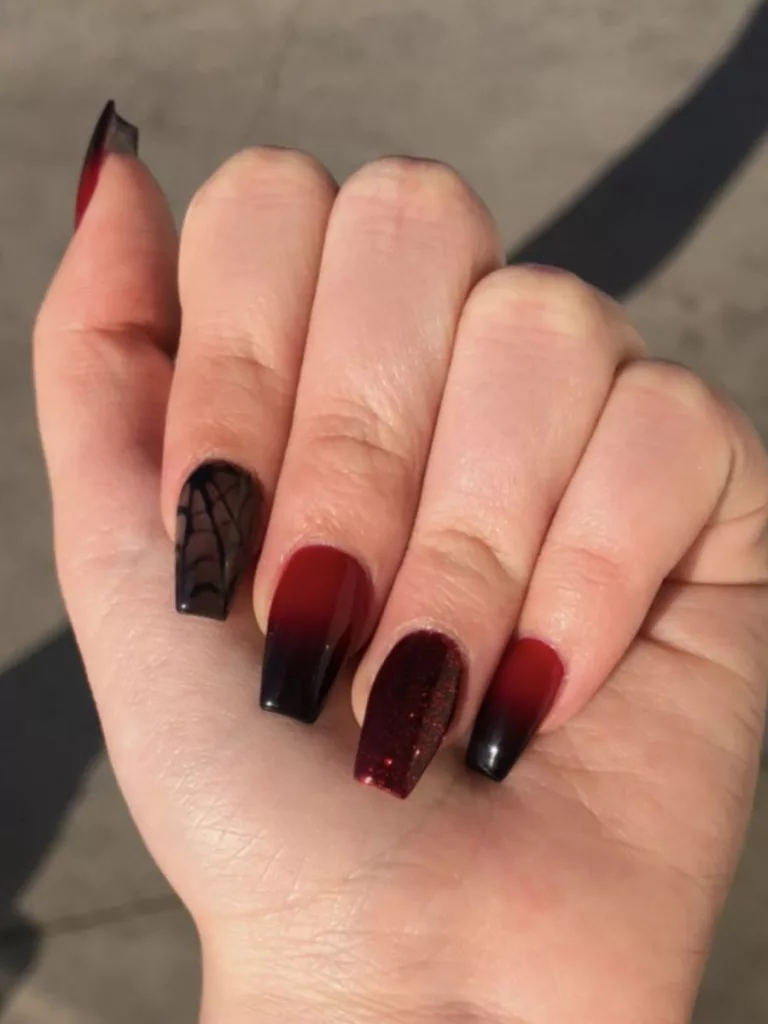 Red Nails with Black Tips Design