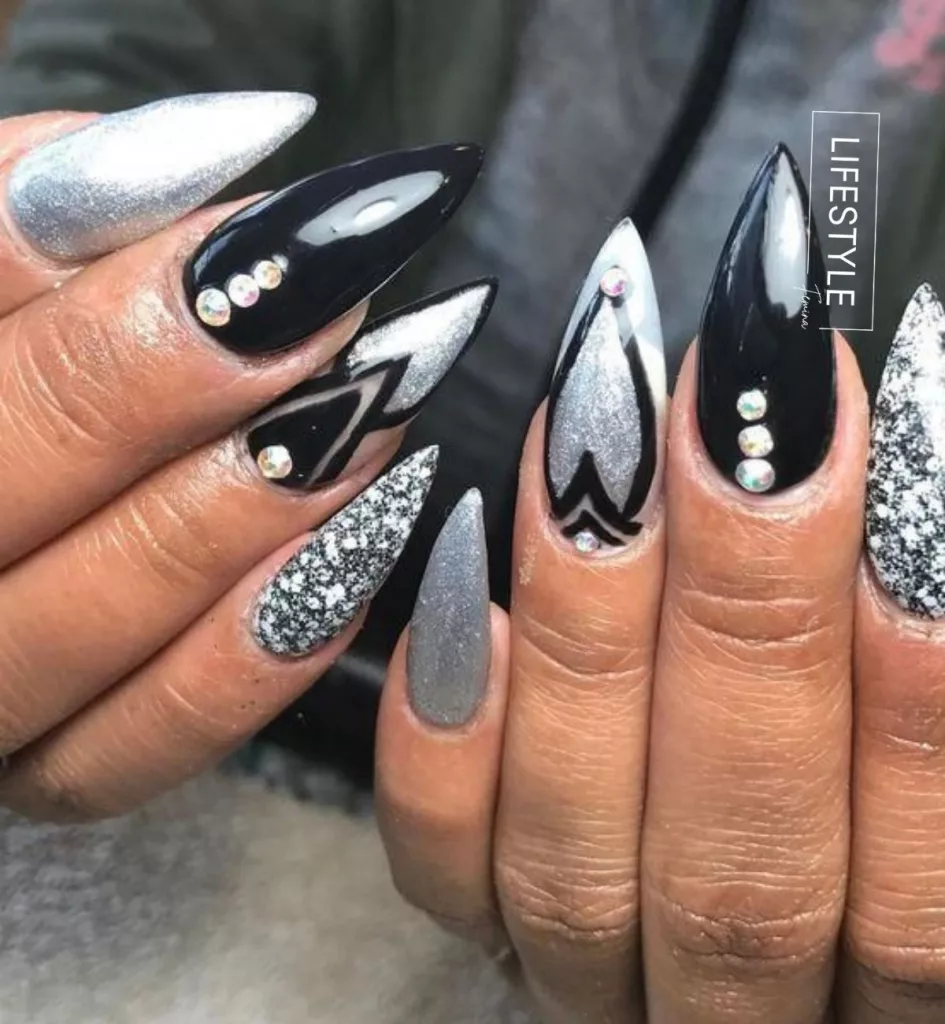 Black and White Coffin Rhinestone Nails