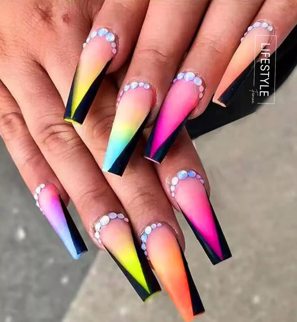 Gradient Coffin Rhinestone Nails